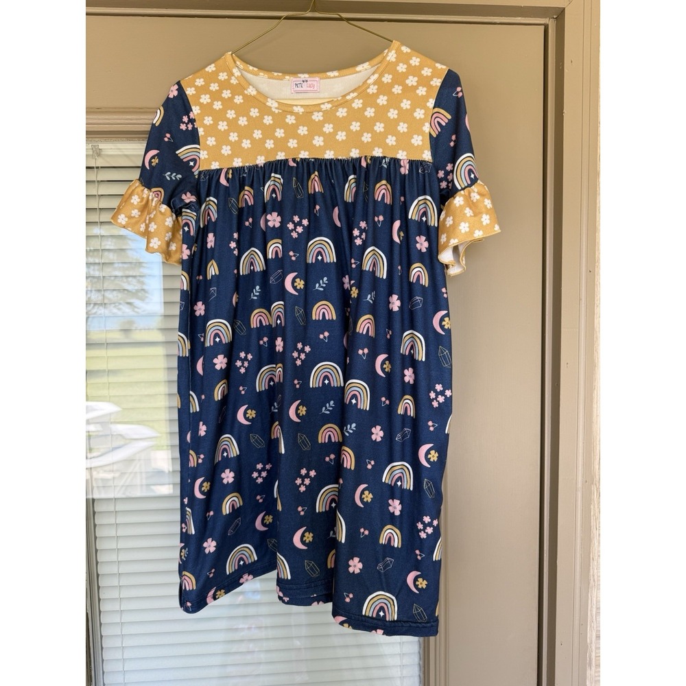 Pete And Lucy Girls FloralRainbows Moon Dress Navy Coral Mustard Dress 10/12